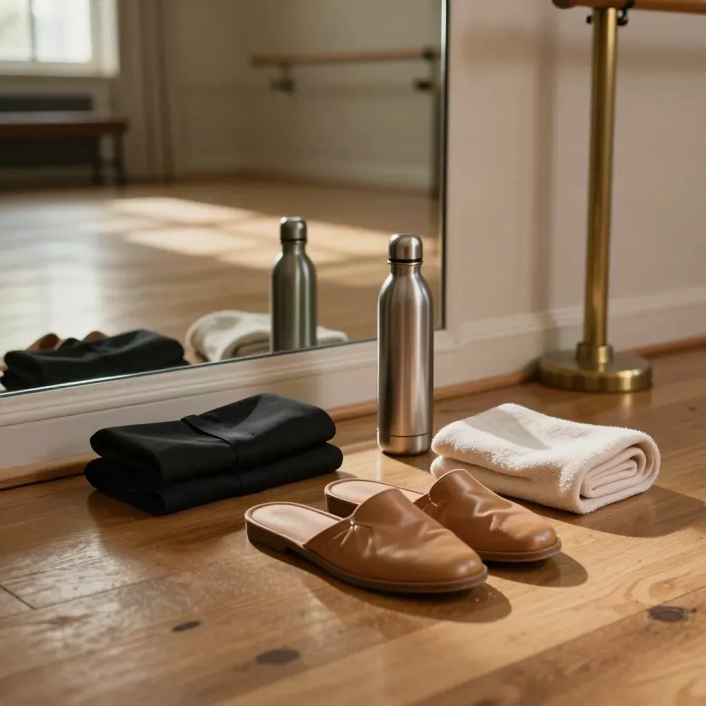 Adult ballet class setup with slippers, wrap ties, water bottle, mirror wall and warm studio light
