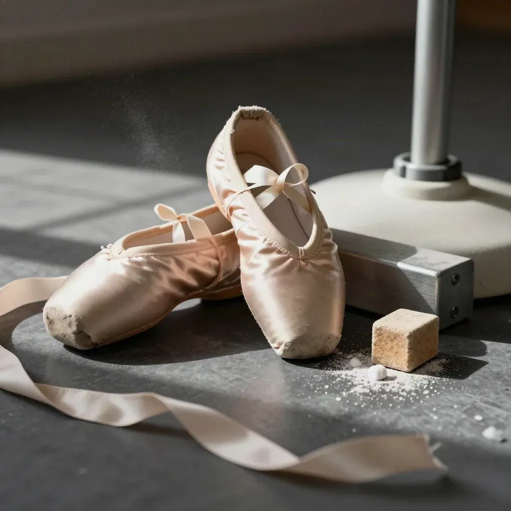Worn pointe shoes, ribbons, toe pads and chalk beside a barre on marley flooring.