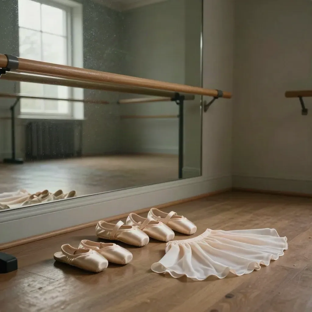 Bell Ballet studio at dawn with slippers, pointe shoes and barre in misty mirror light