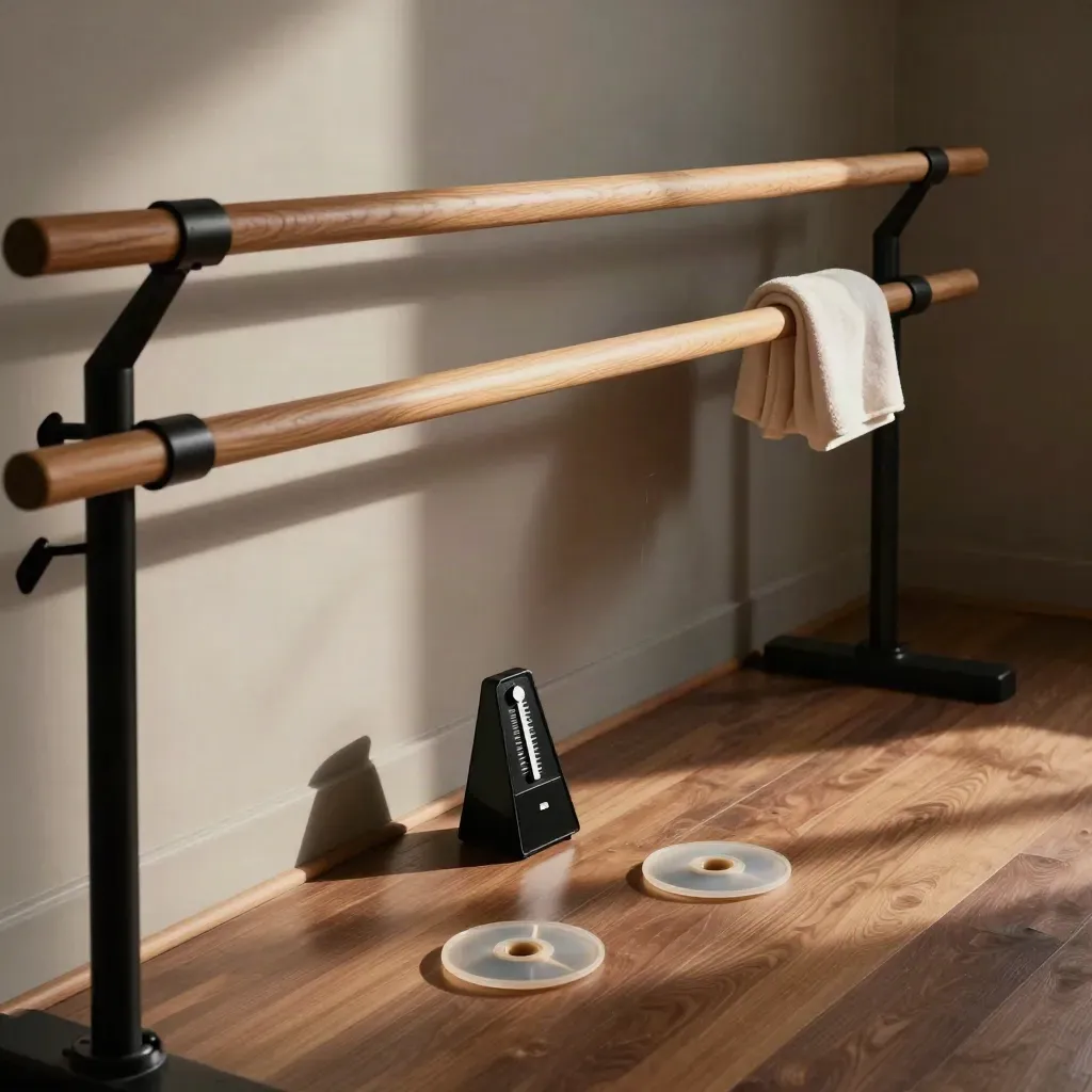 Barre technique corner with barre, turnout discs, metronome, towel, and chalk haze