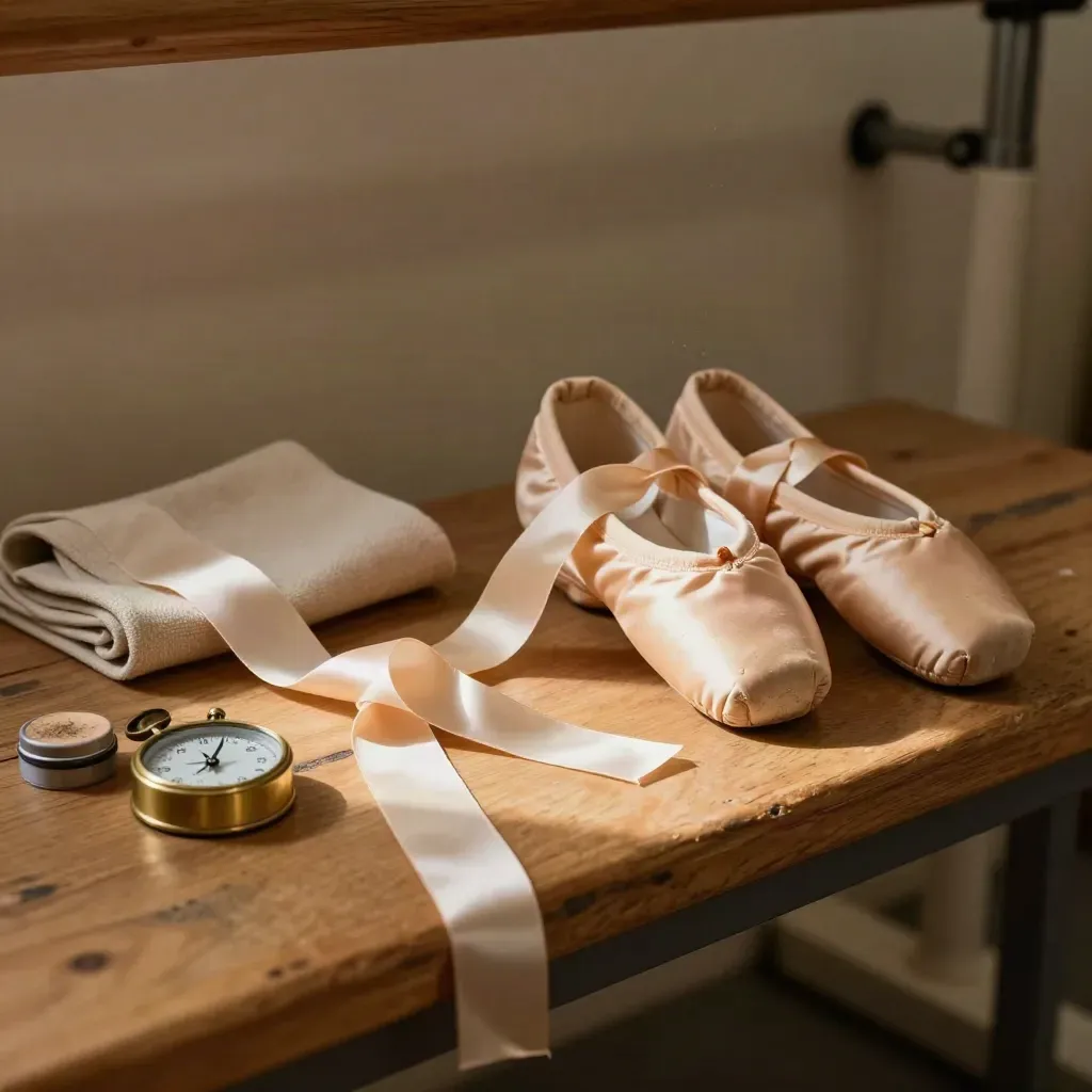 Satin ribbons, a brass timer, and ballet shoes on a bench in warm late-afternoon studio light.