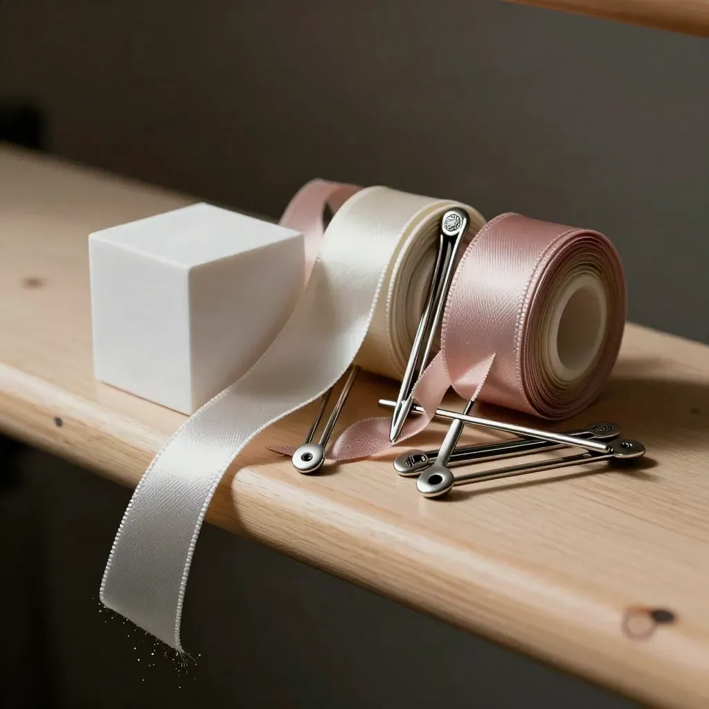 Silver hairpins, satin ribbon rolls and rehearsal clips clustered on a stage marker cube.