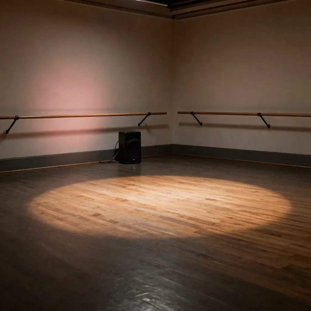 Empty ballet rehearsal corner with light circle, speaker, haze, and a faint blush reflection.