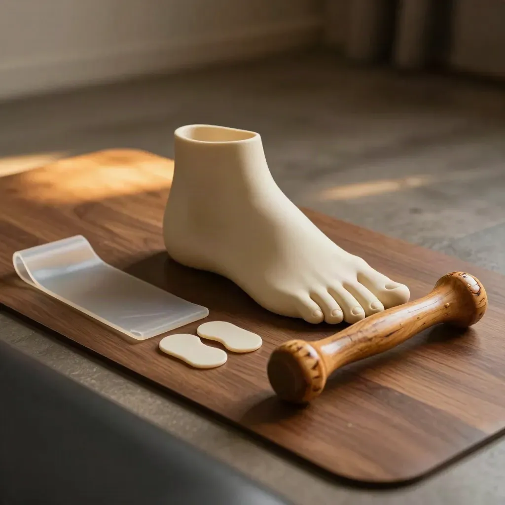 Anatomy foot model with theraband, toe spacers and a wooden foot roller in a dark ballet studio still life