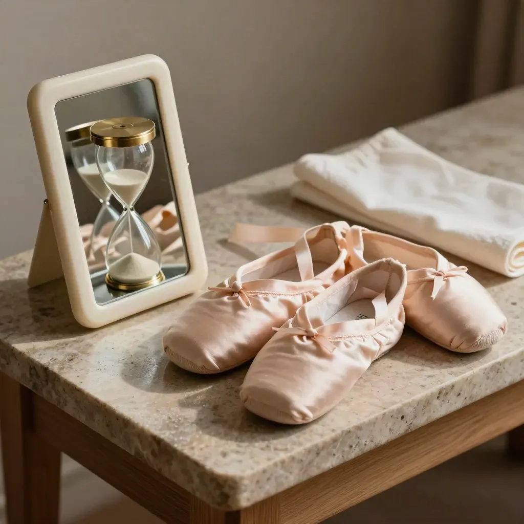 Compact mirror, sand timer and tied ballet slippers on limestone in soft daylight