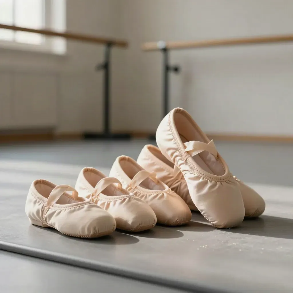 Three sizes of ballet slippers lined by a graphite divider on a pale studio floor edge.
