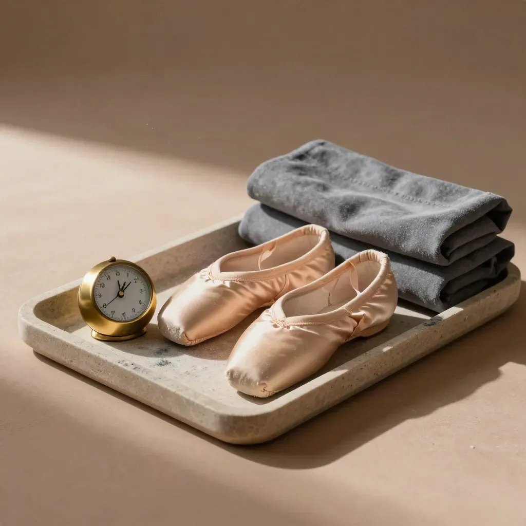 Worn ballet slippers, brass timer, and chalked cloth on a limestone tray
