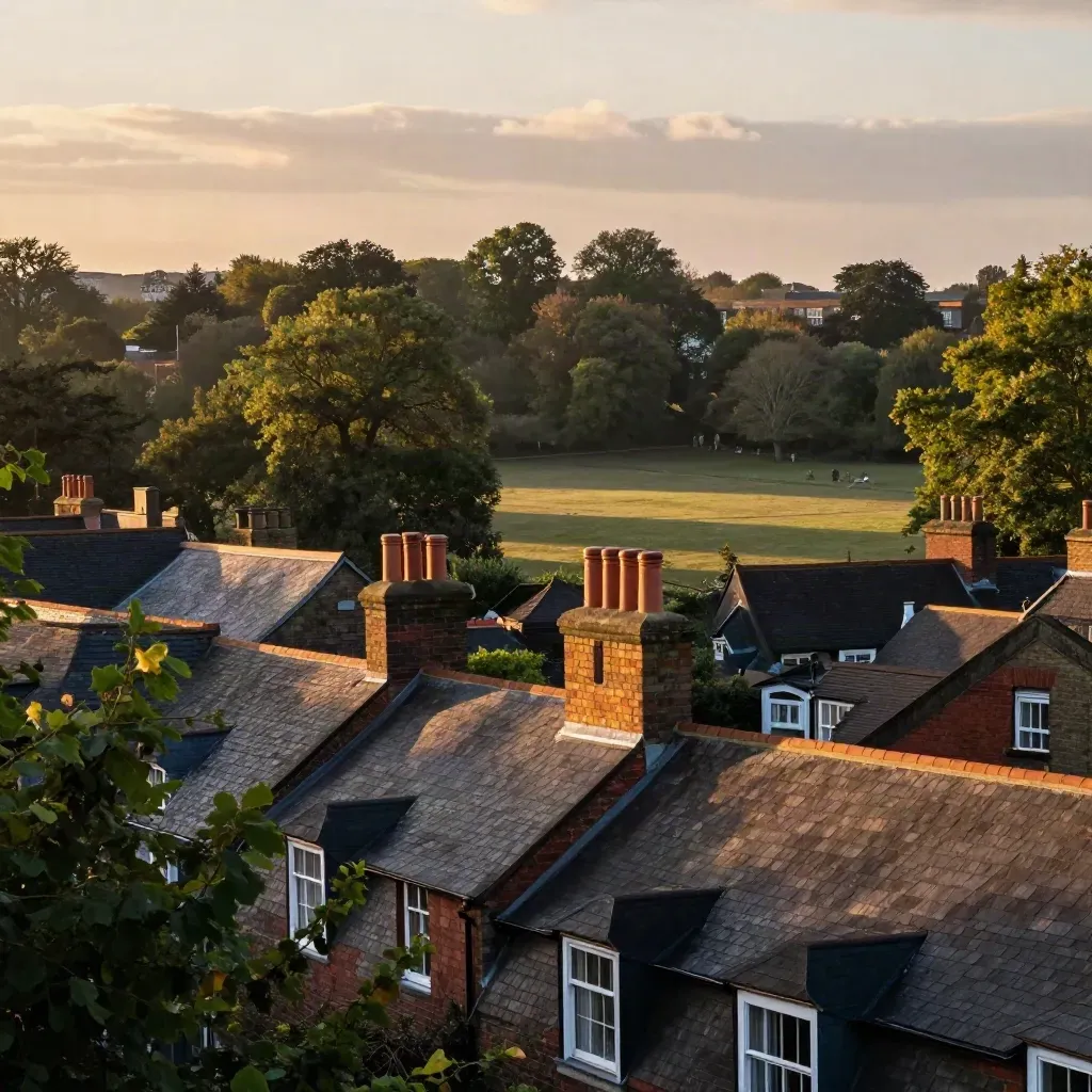 Clapham Common rooftops at sunset over South London with hazy treetops and open grass.