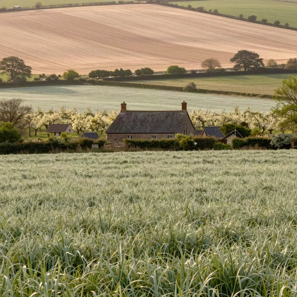 Kent hop fields and oast roofs in soft golden haze, wide calm countryside vista
